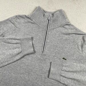 Lacoste 1/4 Zip Sweater Mens XL Gray Preppy Mock Neck Chest Logo Knit Cotton